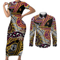 Brisbane Broncos Couples Matching Short Sleeve Bodycon Dress and Long Sleeve Button Shirt Australian Aboriginal Dot Painting Handprint