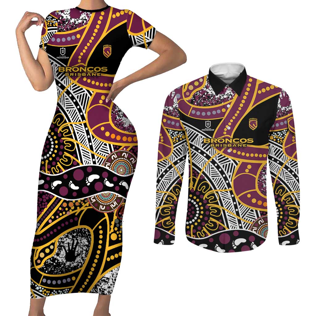 Brisbane Broncos Couples Matching Short Sleeve Bodycon Dress and Long Sleeve Button Shirt Australian Aboriginal Dot Painting Handprint