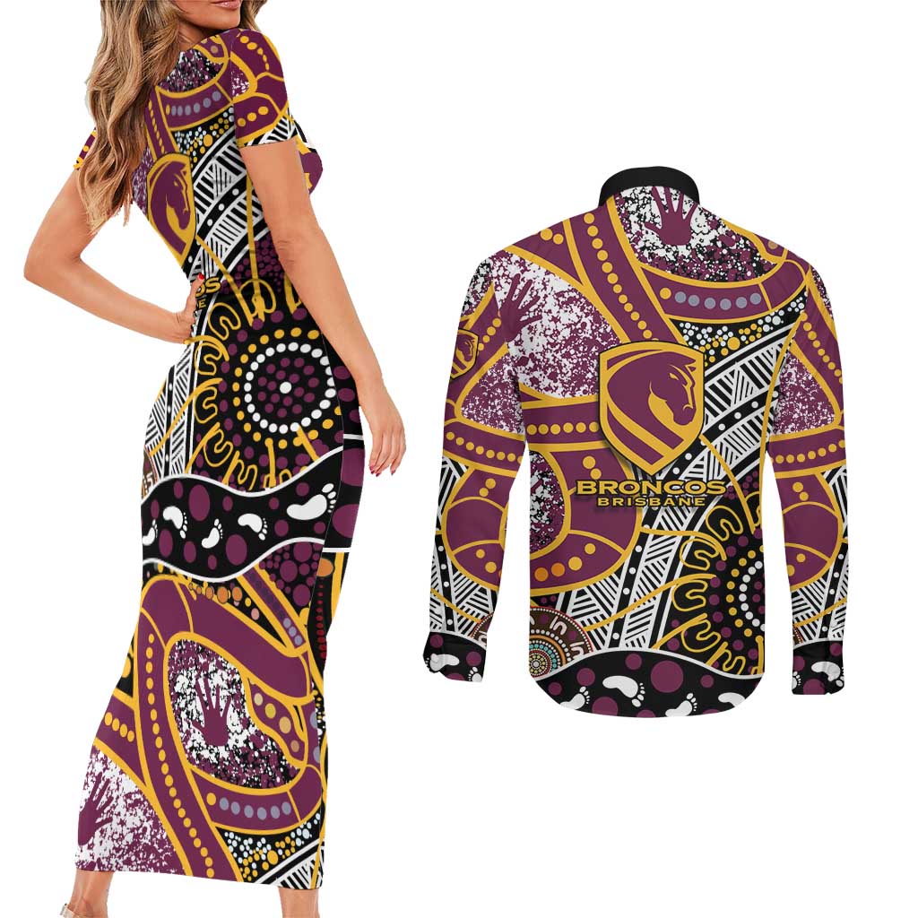 Brisbane Broncos Couples Matching Short Sleeve Bodycon Dress and Long Sleeve Button Shirt Australian Aboriginal Dot Painting Handprint