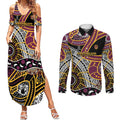 Brisbane Broncos Couples Matching Summer Maxi Dress and Long Sleeve Button Shirt Australian Aboriginal Dot Painting Handprint