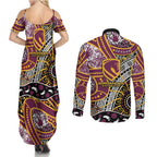 Brisbane Broncos Couples Matching Summer Maxi Dress and Long Sleeve Button Shirt Australian Aboriginal Dot Painting Handprint
