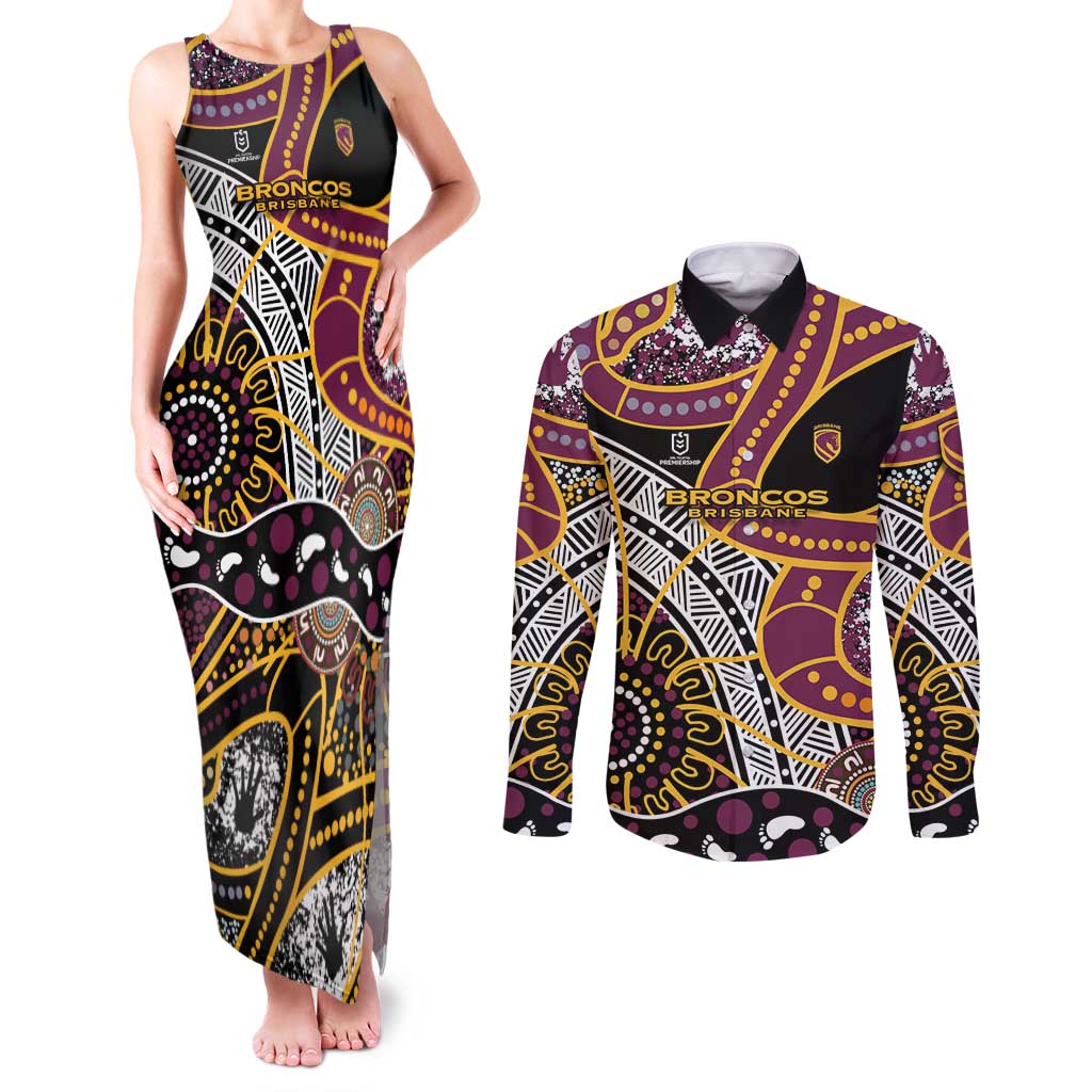 Brisbane Broncos Couples Matching Tank Maxi Dress and Long Sleeve Button Shirt Australian Aboriginal Dot Painting Handprint