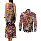 Brisbane Broncos Couples Matching Tank Maxi Dress and Long Sleeve Button Shirt Australian Aboriginal Dot Painting Handprint