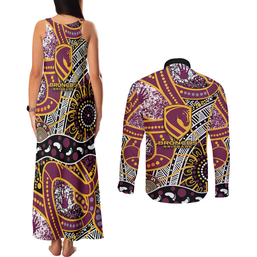 Brisbane Broncos Couples Matching Tank Maxi Dress and Long Sleeve Button Shirt Australian Aboriginal Dot Painting Handprint