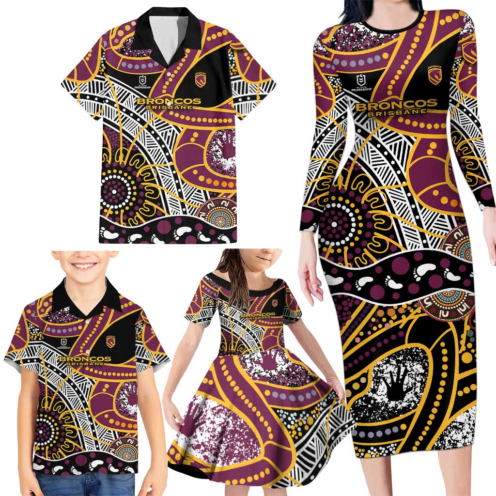 Brisbane Broncos Family Matching Long Sleeve Bodycon Dress and Hawaiian Shirt Australian Aboriginal Dot Painting Handprint