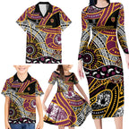 Brisbane Broncos Family Matching Long Sleeve Bodycon Dress and Hawaiian Shirt Australian Aboriginal Dot Painting Handprint
