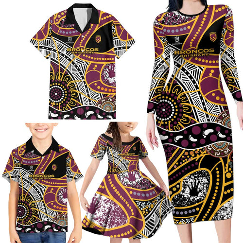 Brisbane Broncos Family Matching Long Sleeve Bodycon Dress and Hawaiian Shirt Australian Aboriginal Dot Painting Handprint