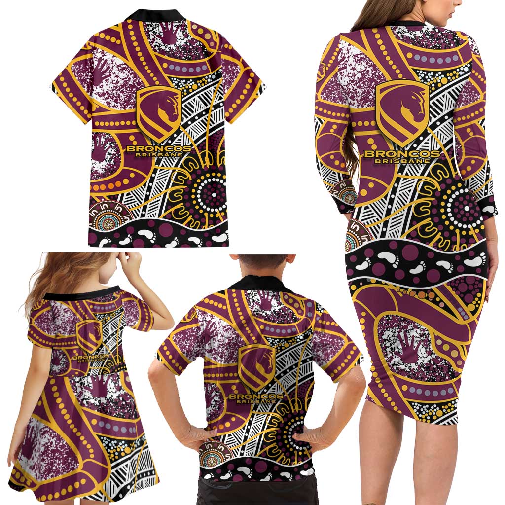 Brisbane Broncos Family Matching Long Sleeve Bodycon Dress and Hawaiian Shirt Australian Aboriginal Dot Painting Handprint