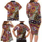 Brisbane Broncos Family Matching Long Sleeve Bodycon Dress and Hawaiian Shirt Australian Aboriginal Dot Painting Handprint