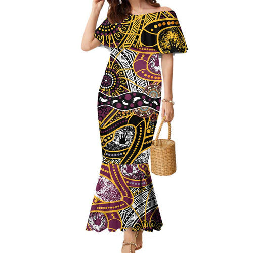 Brisbane Broncos Family Matching Mermaid Dress and Hawaiian Shirt Australian Aboriginal Dot Painting Handprint