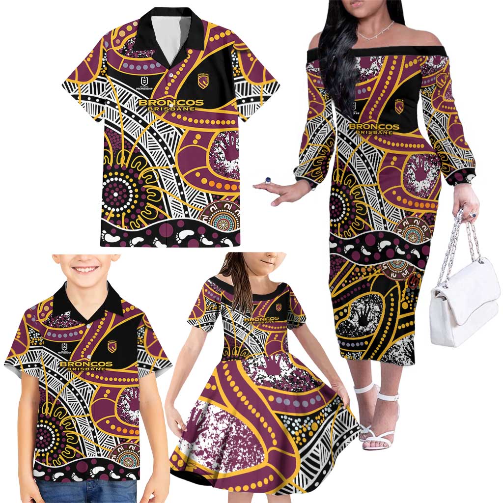 Brisbane Broncos Family Matching Off The Shoulder Long Sleeve Dress and Hawaiian Shirt Australian Aboriginal Dot Painting Handprint
