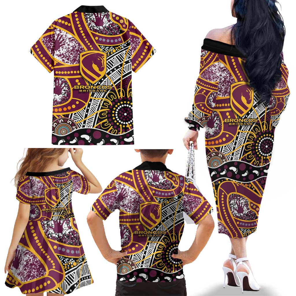 Brisbane Broncos Family Matching Off The Shoulder Long Sleeve Dress and Hawaiian Shirt Australian Aboriginal Dot Painting Handprint