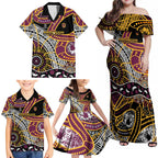 Brisbane Broncos Family Matching Off Shoulder Maxi Dress and Hawaiian Shirt Australian Aboriginal Dot Painting Handprint