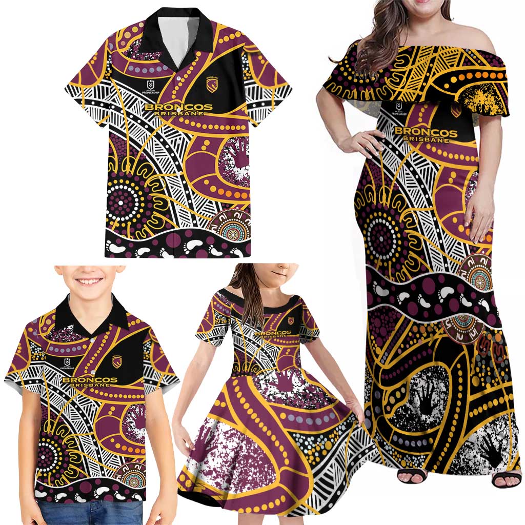 Brisbane Broncos Family Matching Off Shoulder Maxi Dress and Hawaiian Shirt Australian Aboriginal Dot Painting Handprint