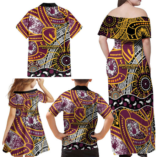 Brisbane Broncos Family Matching Off Shoulder Maxi Dress and Hawaiian Shirt Australian Aboriginal Dot Painting Handprint