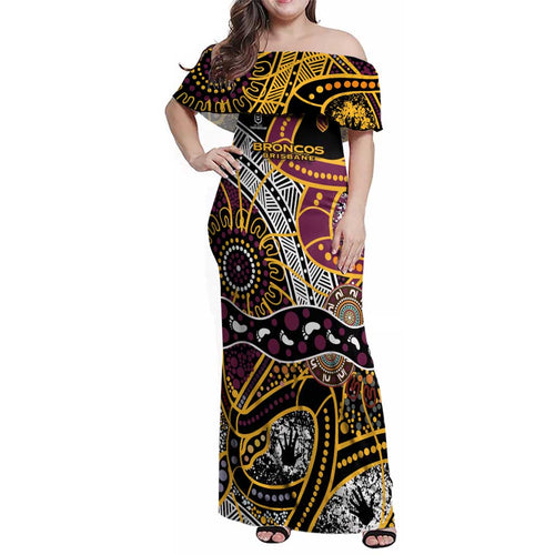 Brisbane Broncos Family Matching Off Shoulder Maxi Dress and Hawaiian Shirt Australian Aboriginal Dot Painting Handprint
