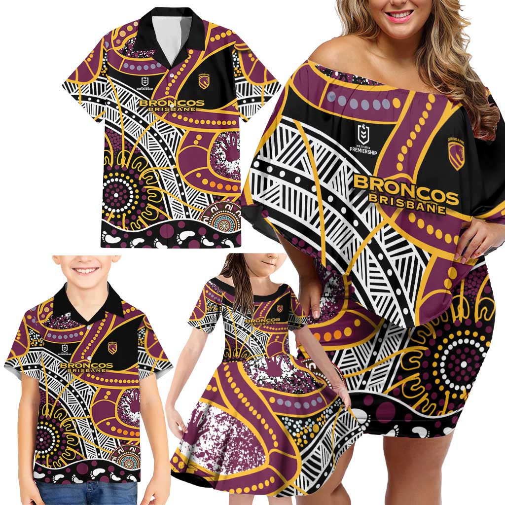Brisbane Broncos Family Matching Off Shoulder Short Dress and Hawaiian Shirt Australian Aboriginal Dot Painting Handprint