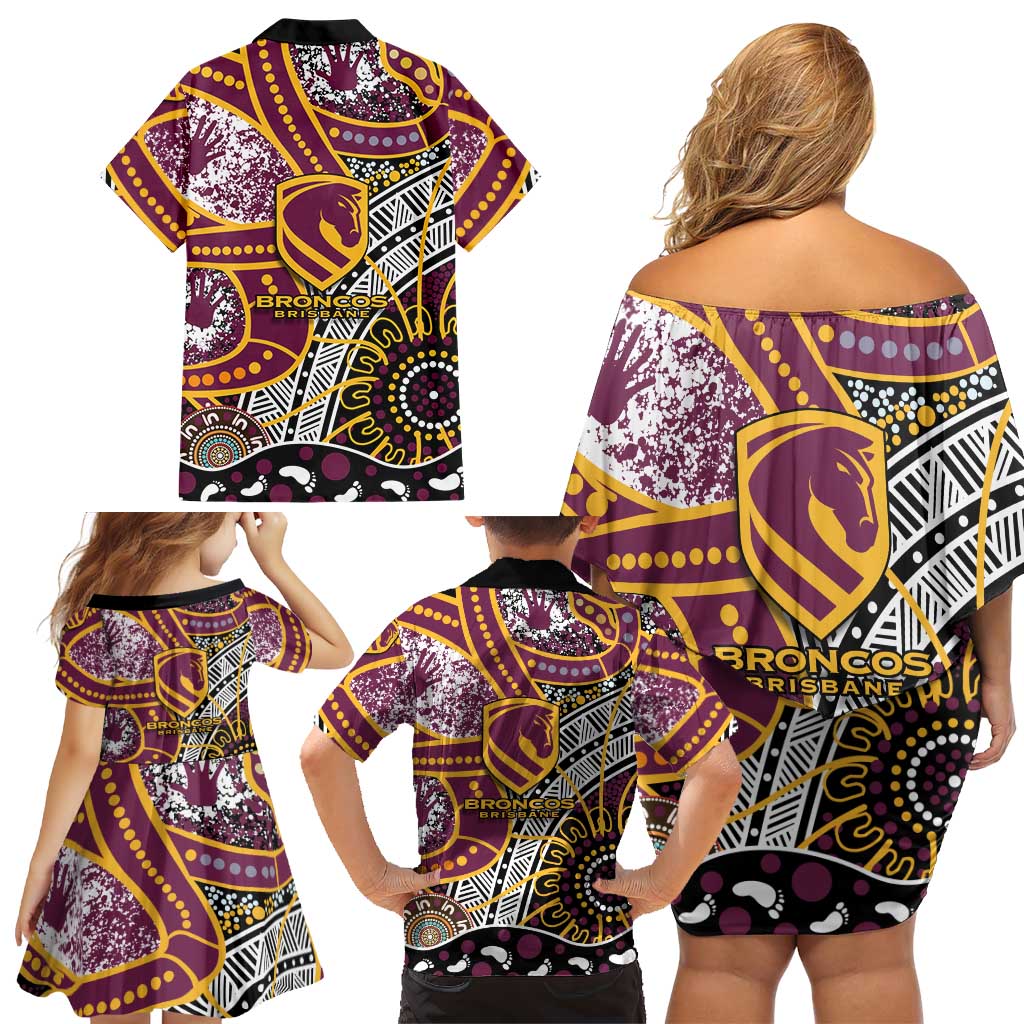 Brisbane Broncos Family Matching Off Shoulder Short Dress and Hawaiian Shirt Australian Aboriginal Dot Painting Handprint