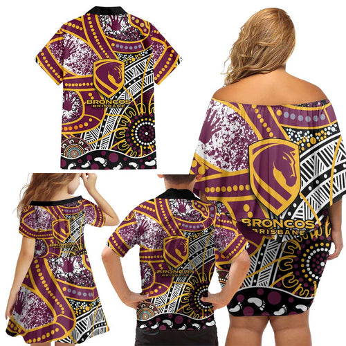 Brisbane Broncos Family Matching Off Shoulder Short Dress and Hawaiian Shirt Australian Aboriginal Dot Painting Handprint