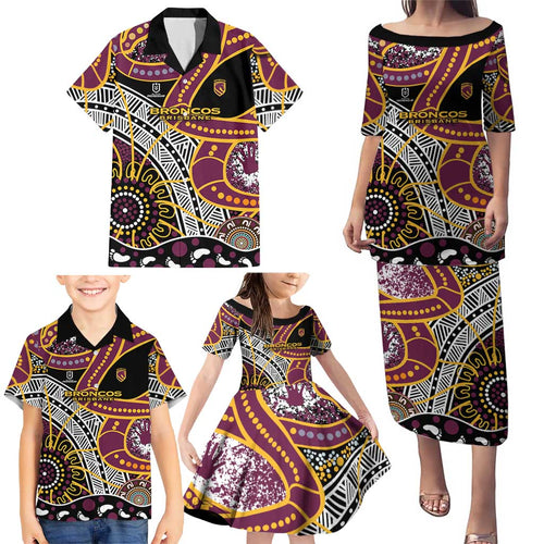 Brisbane Broncos Family Matching Puletasi and Hawaiian Shirt Australian Aboriginal Dot Painting Handprint