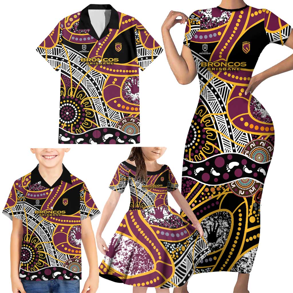 Brisbane Broncos Family Matching Short Sleeve Bodycon Dress and Hawaiian Shirt Australian Aboriginal Dot Painting Handprint