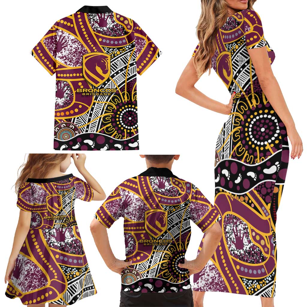 Brisbane Broncos Family Matching Short Sleeve Bodycon Dress and Hawaiian Shirt Australian Aboriginal Dot Painting Handprint