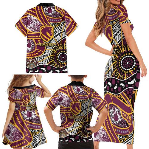 Brisbane Broncos Family Matching Short Sleeve Bodycon Dress and Hawaiian Shirt Australian Aboriginal Dot Painting Handprint