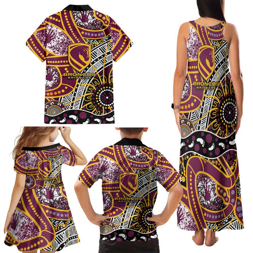 Brisbane Broncos Family Matching Tank Maxi Dress and Hawaiian Shirt Australian Aboriginal Dot Painting Handprint