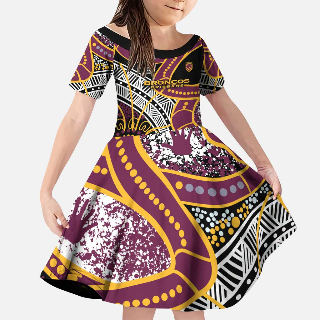 Brisbane Broncos Kid Short Sleeve Dress Australian Aboriginal Dot Painting Handprint