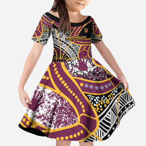 Brisbane Broncos Kid Short Sleeve Dress Australian Aboriginal Dot Painting Handprint