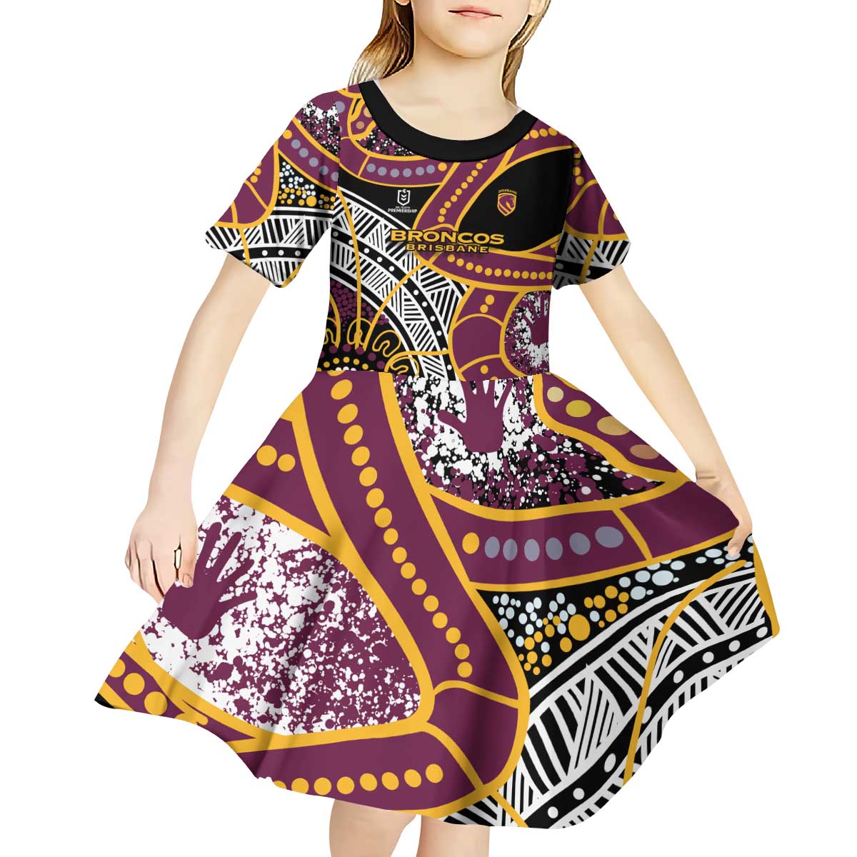 Brisbane Broncos Kid Short Sleeve Dress Australian Aboriginal Dot Painting Handprint