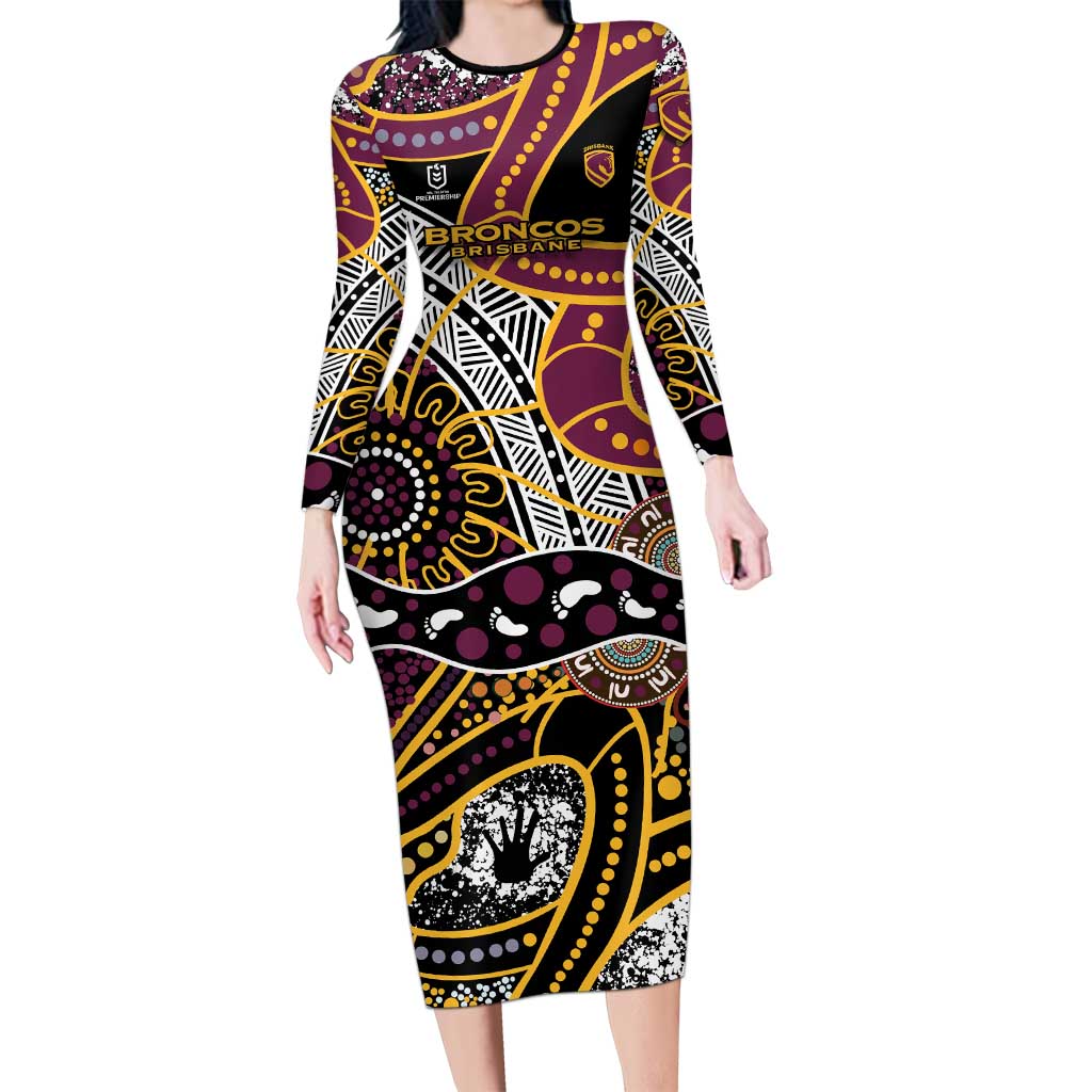 Brisbane Broncos Long Sleeve Bodycon Dress Australian Aboriginal Dot Painting Handprint
