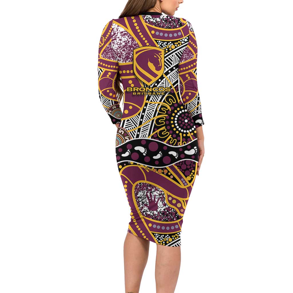 Brisbane Broncos Long Sleeve Bodycon Dress Australian Aboriginal Dot Painting Handprint