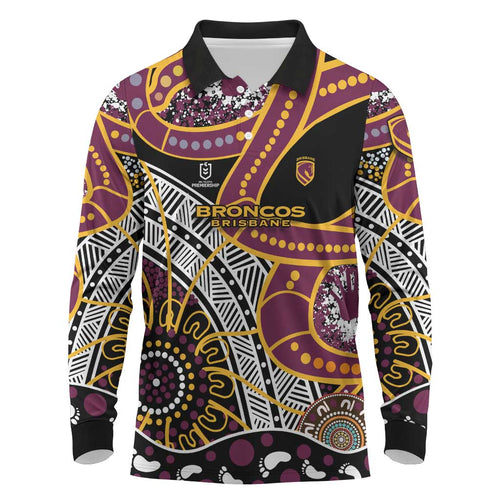 Brisbane Broncos Long Sleeve Polo Shirt Australian Aboriginal Dot Painting Handprint