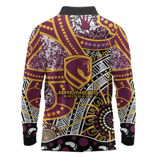Brisbane Broncos Long Sleeve Polo Shirt Australian Aboriginal Dot Painting Handprint