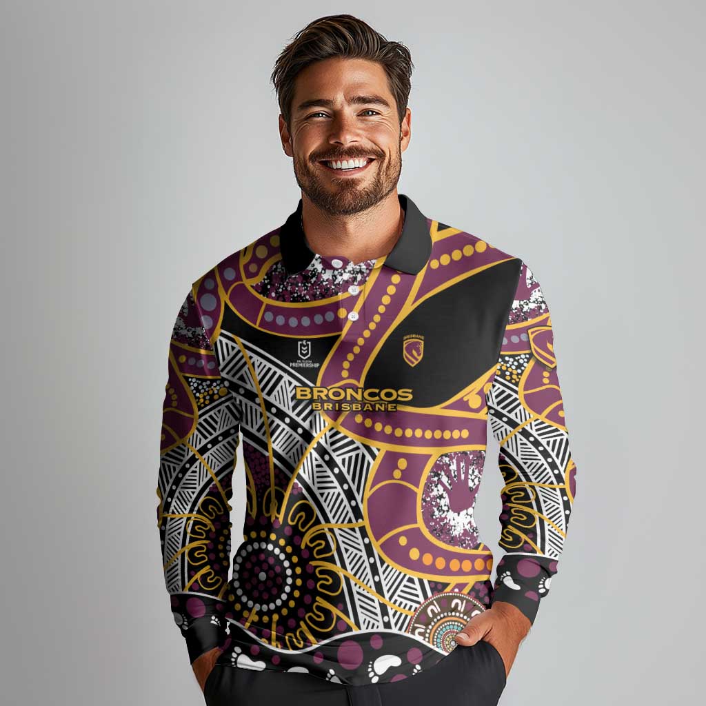 Brisbane Broncos Long Sleeve Polo Shirt Australian Aboriginal Dot Painting Handprint