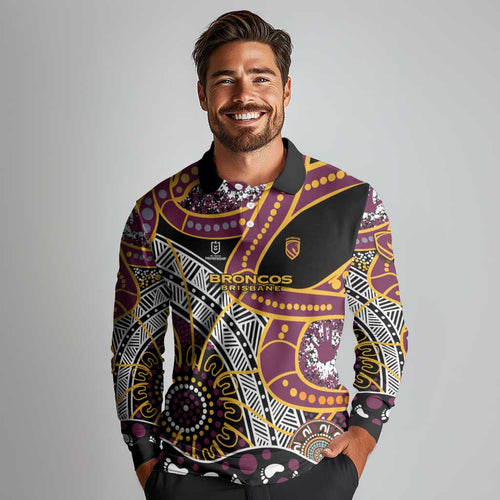 Brisbane Broncos Long Sleeve Polo Shirt Australian Aboriginal Dot Painting Handprint