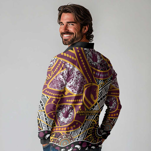 Brisbane Broncos Long Sleeve Polo Shirt Australian Aboriginal Dot Painting Handprint