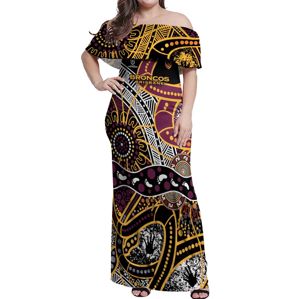 Brisbane Broncos Off Shoulder Maxi Dress Australian Aboriginal Dot Painting Handprint