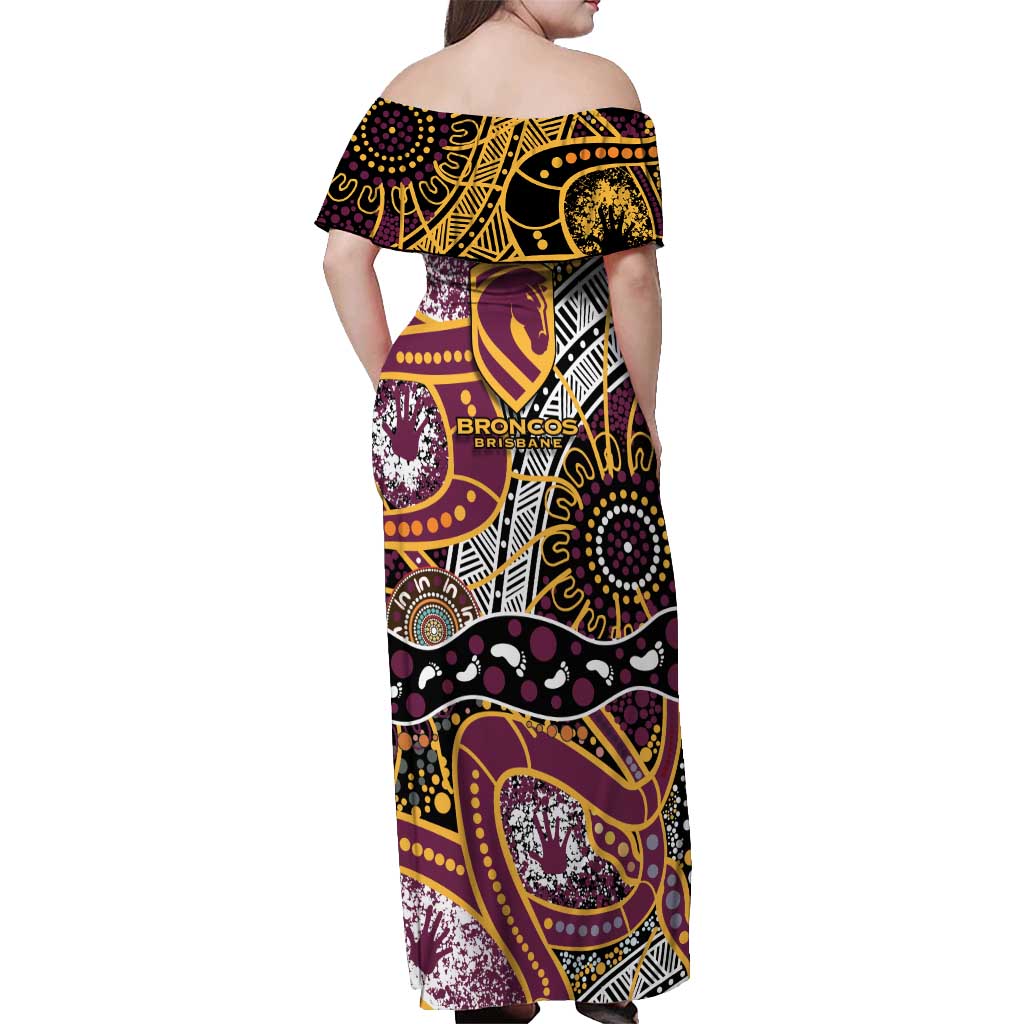 Brisbane Broncos Off Shoulder Maxi Dress Australian Aboriginal Dot Painting Handprint
