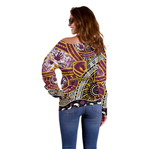 Brisbane Broncos Off Shoulder Sweater Australian Aboriginal Dot Painting Handprint