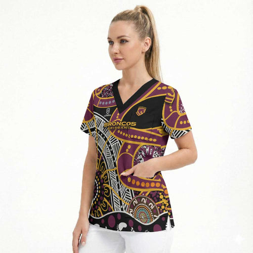 Brisbane Broncos Scrub Top Australian Aboriginal Dot Painting Handprint