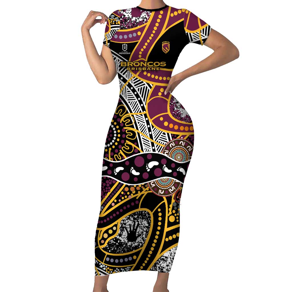 Brisbane Broncos Short Sleeve Bodycon Dress Australian Aboriginal Dot Painting Handprint