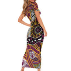 Brisbane Broncos Short Sleeve Bodycon Dress Australian Aboriginal Dot Painting Handprint