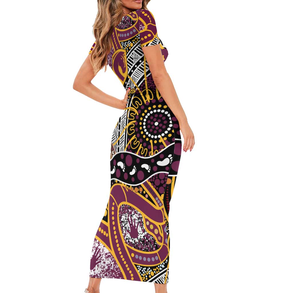 Brisbane Broncos Short Sleeve Bodycon Dress Australian Aboriginal Dot Painting Handprint