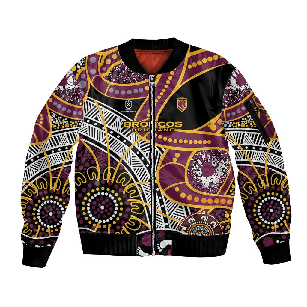 Brisbane Broncos Sleeve Zip Bomber Jacket Australian Aboriginal Dot Painting Handprint