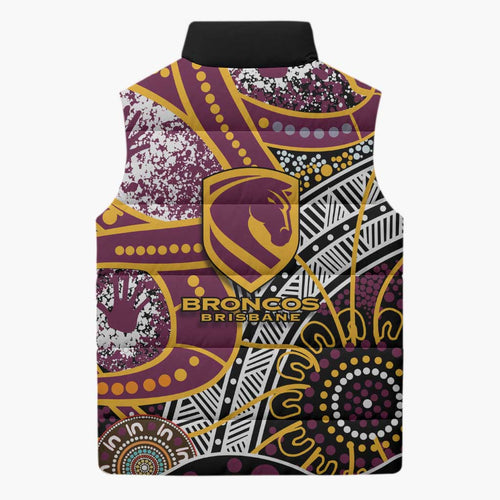 Brisbane Broncos Sleeveless Puffer Jacket Australian Aboriginal Dot Painting Handprint