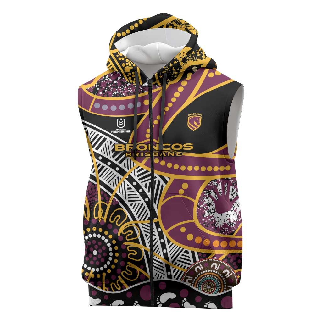 Brisbane Broncos Sleeveless Zip Hoodie Australian Aboriginal Dot Painting Handprint