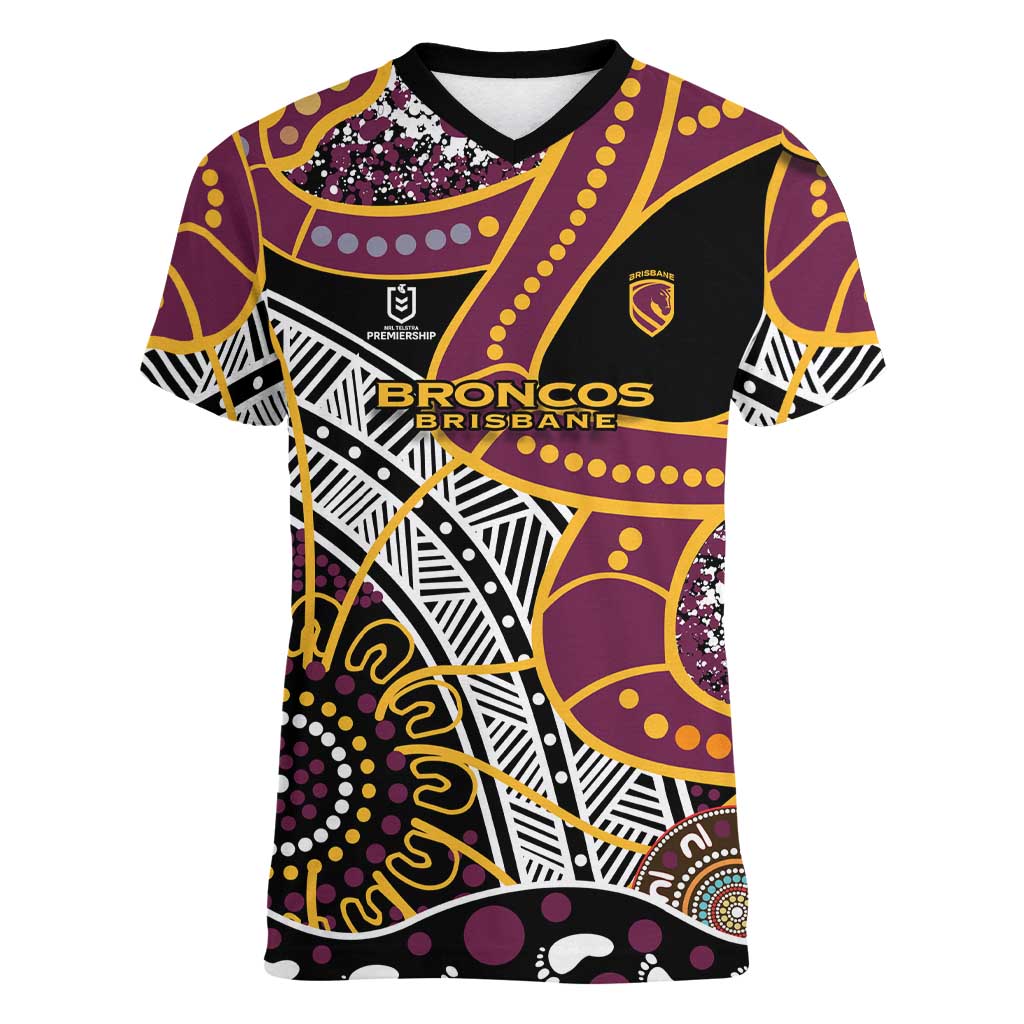 Brisbane Broncos Women V-Neck T-Shirt Australian Aboriginal Dot Painting Handprint