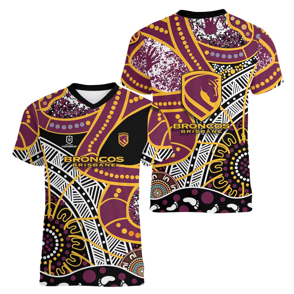 Brisbane Broncos Women V-Neck T-Shirt Australian Aboriginal Dot Painting Handprint